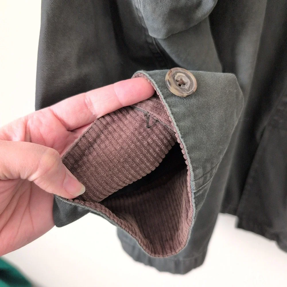 Vintage Banana Republic Gray Canvas Barn Chore Coat Corduroy Pockets Size S Work